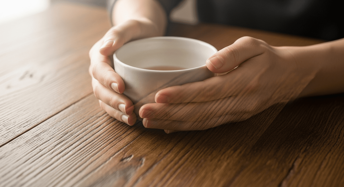 Close-up of a pair of transparent hands holding a warm ceramic teacup on a wooden table, with the wood grain showing through the hands.