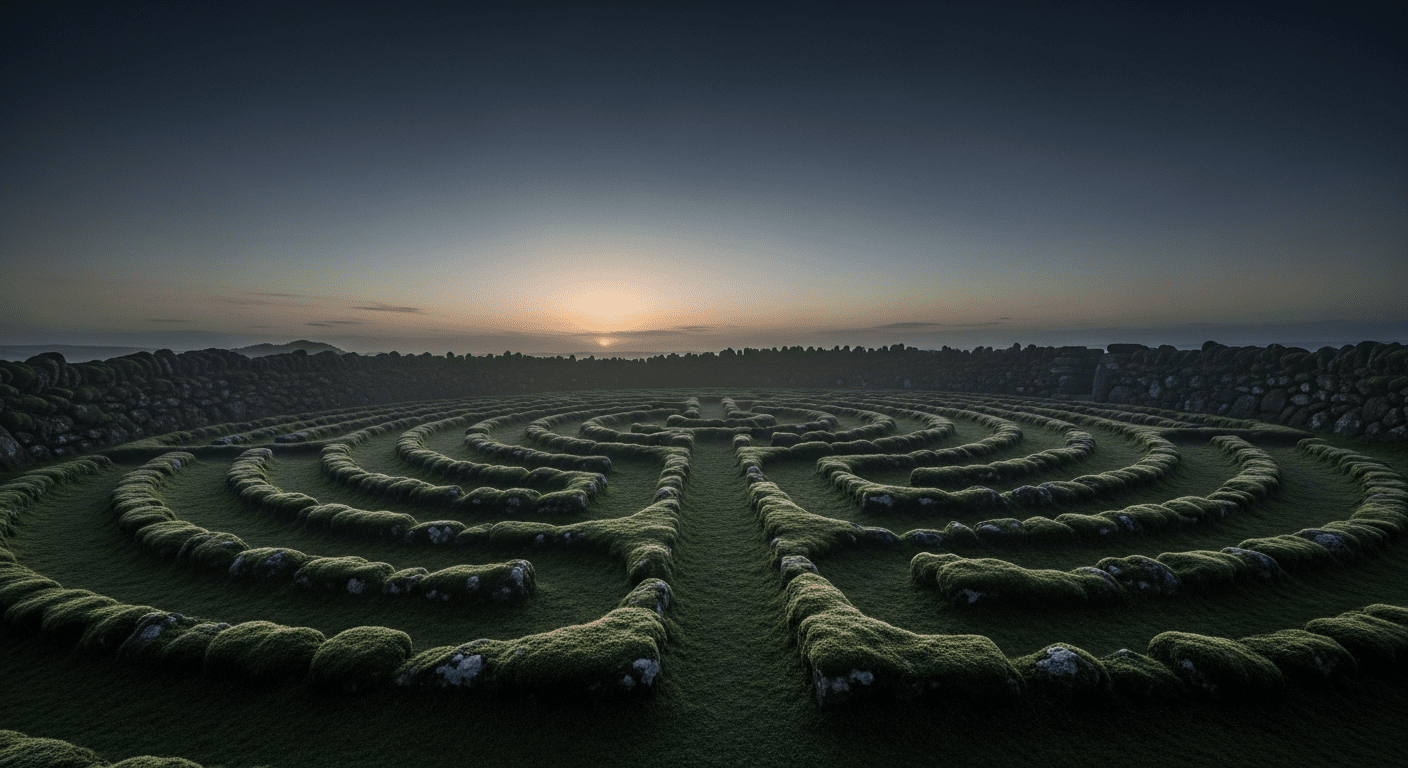 Muted, atmospheric photography of an ancient stone labyrinth covered in soft green moss under a twilight sky. The image feels peaceful, grounding, and deeply symbolic of an inner journey.