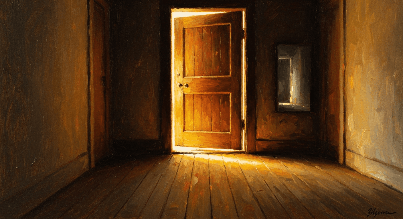 A warm, inviting painterly image of a single open door at the end of a long, shadowed corridor, spilling bright, golden sunlight onto the wooden floor. Hopeful, grounding, and serene.
