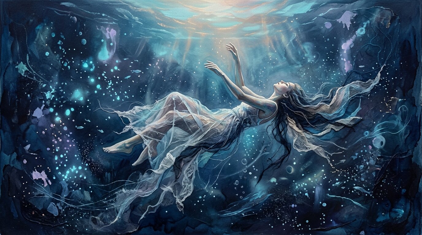 A serene figure floats backward in deep blue water, surrounded by soft glowing light filtering down from the surface.