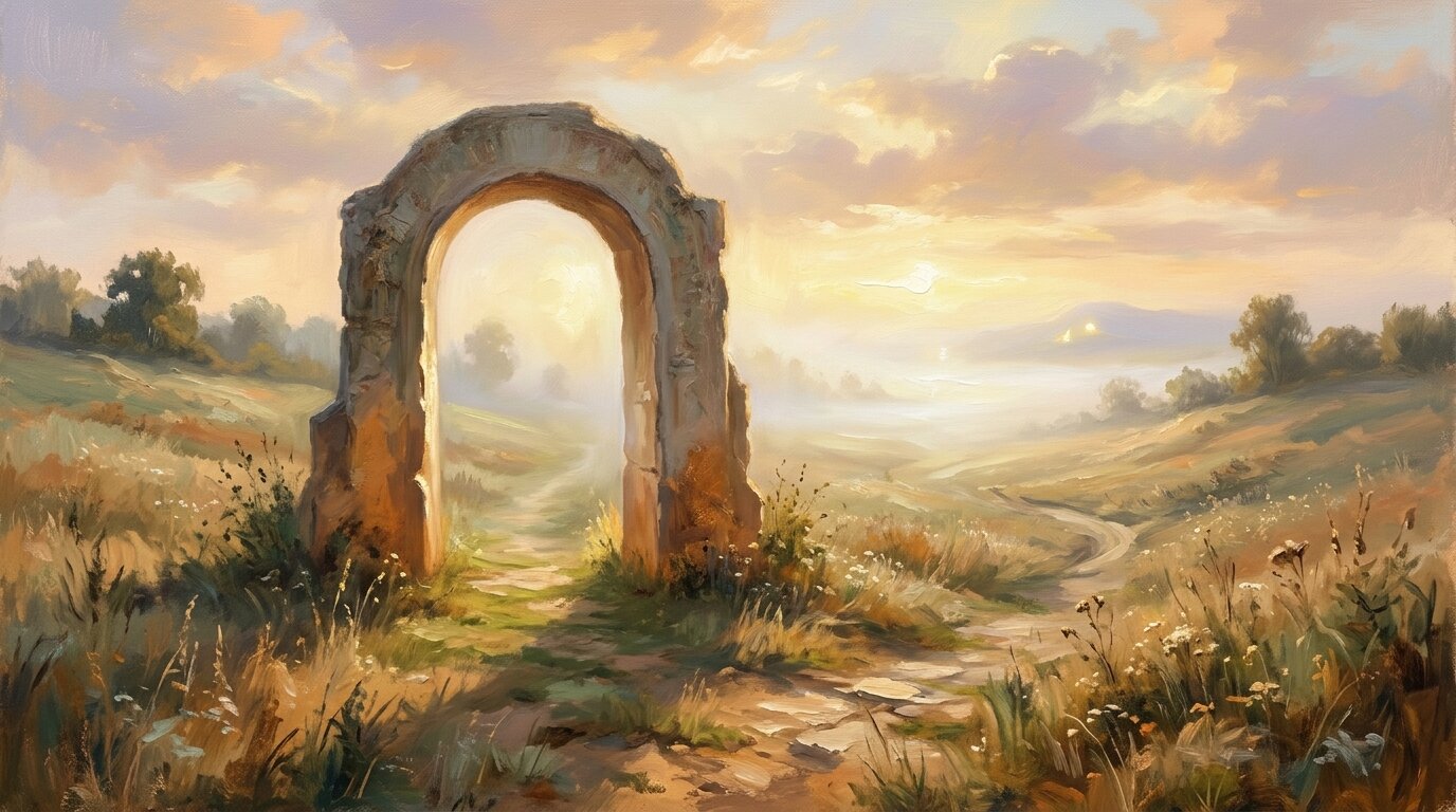 A solitary stone archway stands in an open meadow, framing a bright path into glowing mist while long shadows stretch behind.