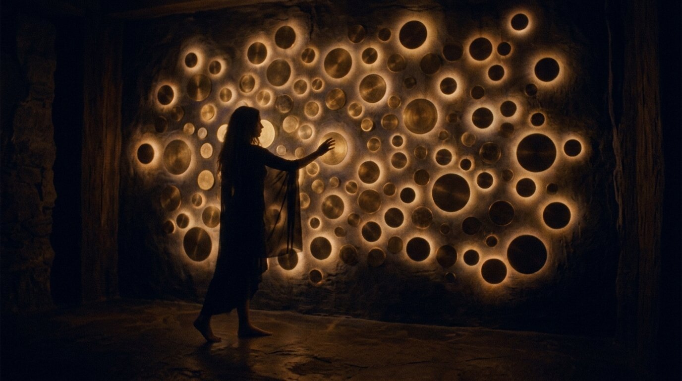 A silhouette reaches a hand toward dim glowing brass circular nodes mounted on a dark, shadowy wall.