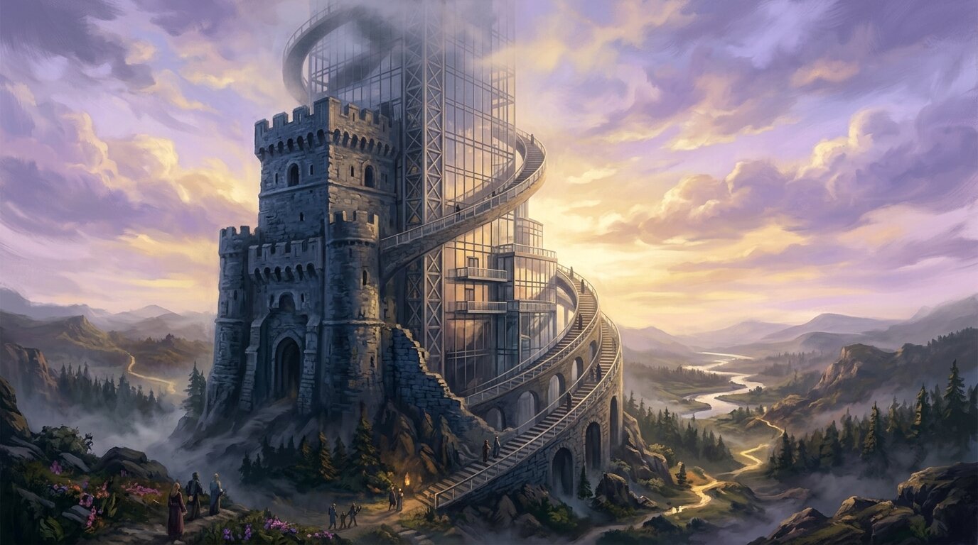 A tall architectural tower encircled by a winding stone staircase rises into soft violet clouds at morning light.