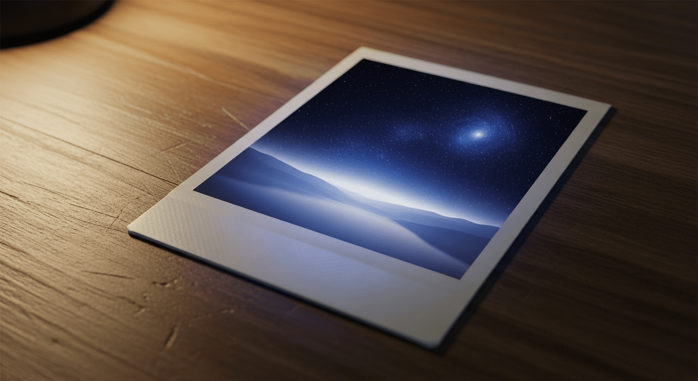 A vintage polaroid photograph resting on a wooden table with the image inside softly glowing and fading into a magical starry night sky