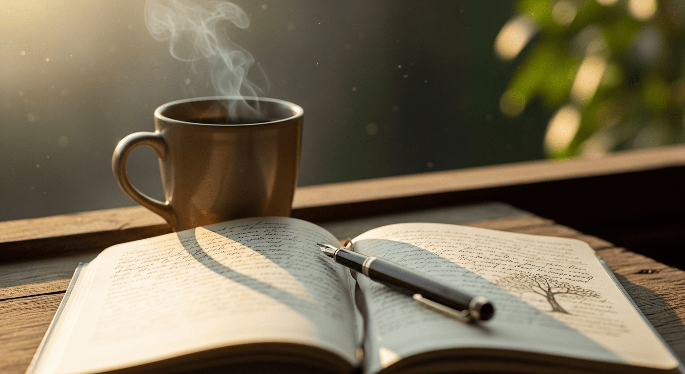 A close-up of a steaming mug of tea and an open handwritten journal resting on a sunlit windowsill with soft morning light filtering through
