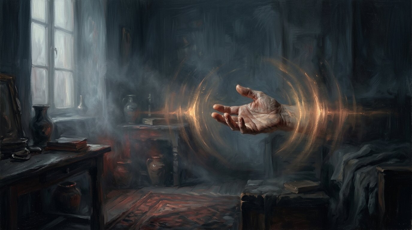 Warm golden waves of light ripple outward from an open hand into a quiet, shadowed blue room.