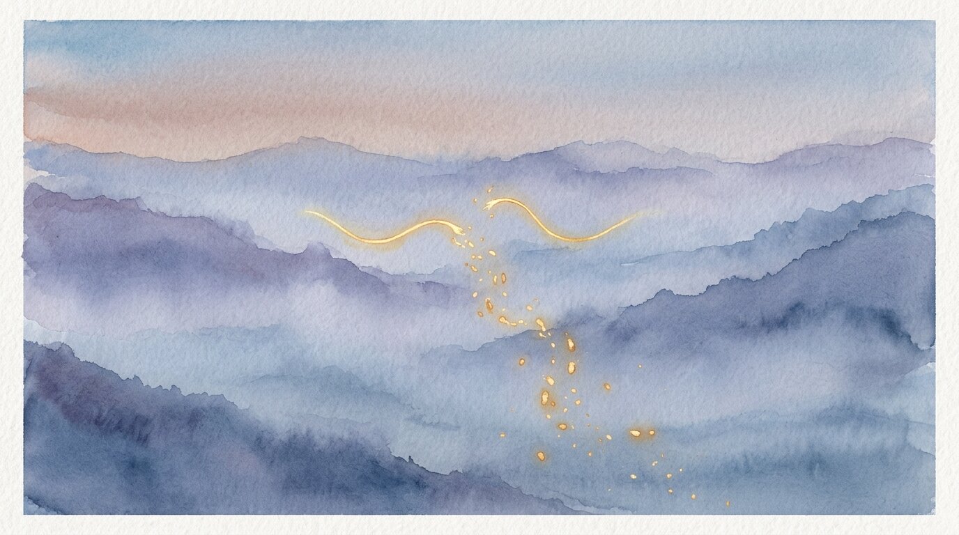A glowing golden thread snaps softly in mid-air, its ends dissolving into floating embers over misty blue hills.