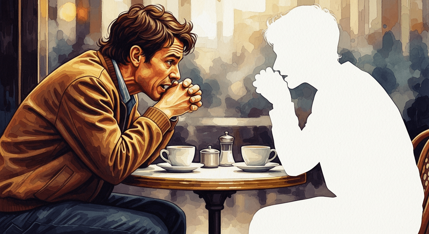 A beautiful, painterly illustration of two figures sitting at a small cafe table. One figure is painted in warm, vibrant, detailed colors, leaning forward earnestly, while the other figure is rendered as a soft, semi-translucent watercolor silhouette. The background is a soft wash of muted warm tones.