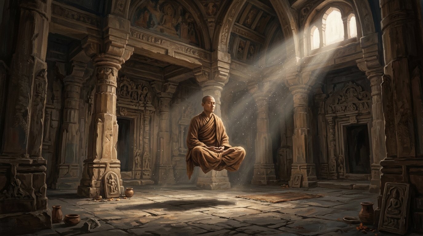 In a stone temple illuminated by a single shaft of light, a figure in simple robes hovers motionlessly above the floor in meditation.