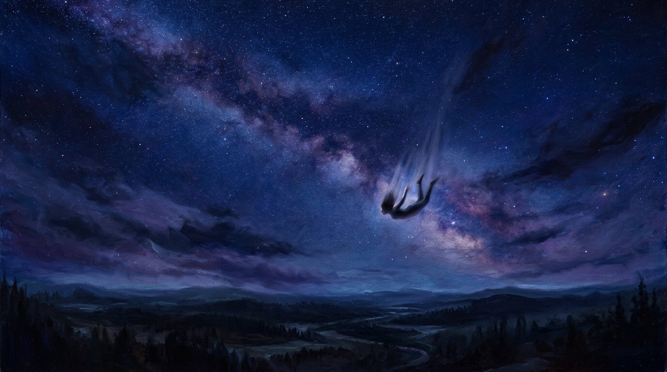 A small, lone figure is being drawn high into a vast and empty indigo night sky, far above the dark earth below.