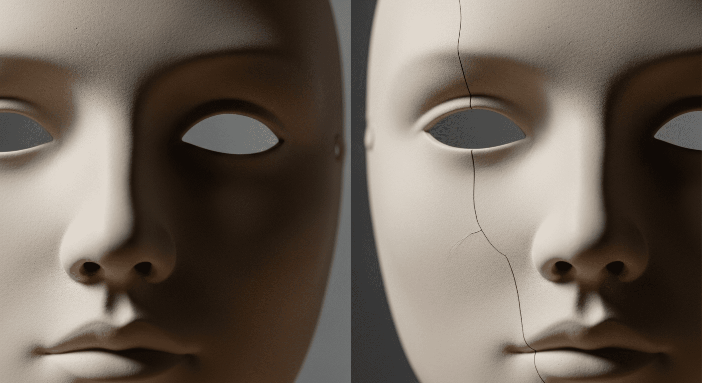 A close-up of two identical white porcelain masks, one of which has a subtle, hairline crack running down its cheek, highlighted by soft light.