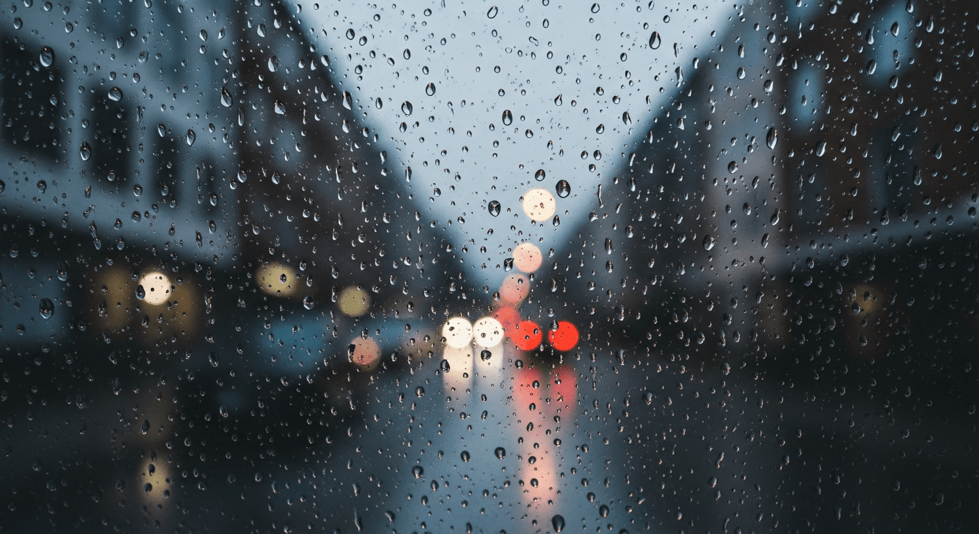An atmospheric, soft-focus view through a rain-streaked window, where the city lights outside are blurred into beautiful, distorted shapes.