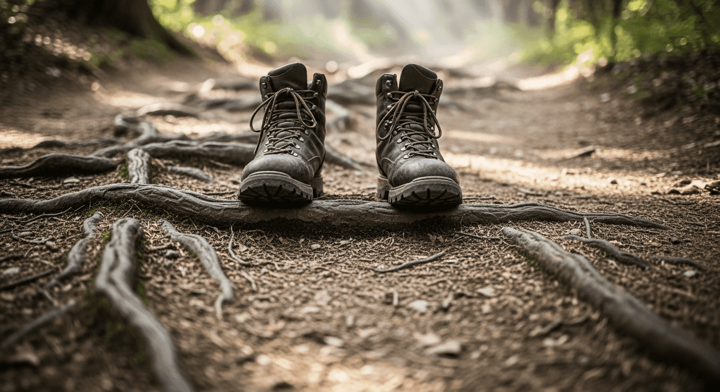 A close-up, low-angle shot of a person's sturdy hiking boots standing at a clear fork in an ancient, root-covered dirt path in the woods.