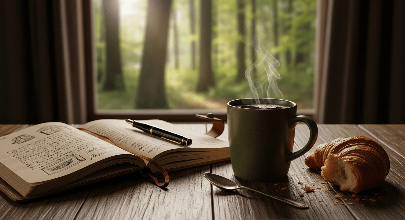 A cozy, inviting still-life on a rustic wooden table featuring a steaming ceramic mug of coffee next to an open, worn leather journal and a pen.