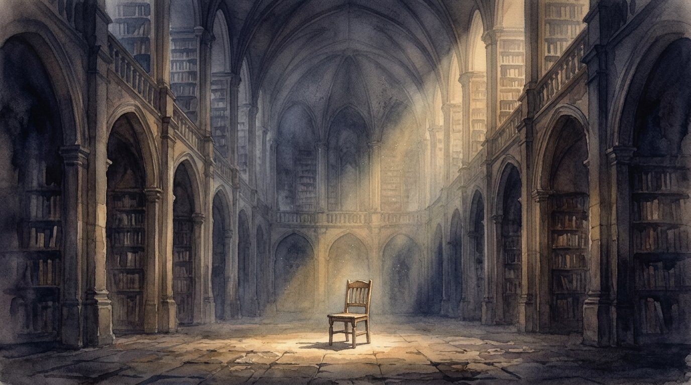 A single wooden chair sits in a warm spotlight in the center of an impossibly vast, shadowy library hall with towering arches.