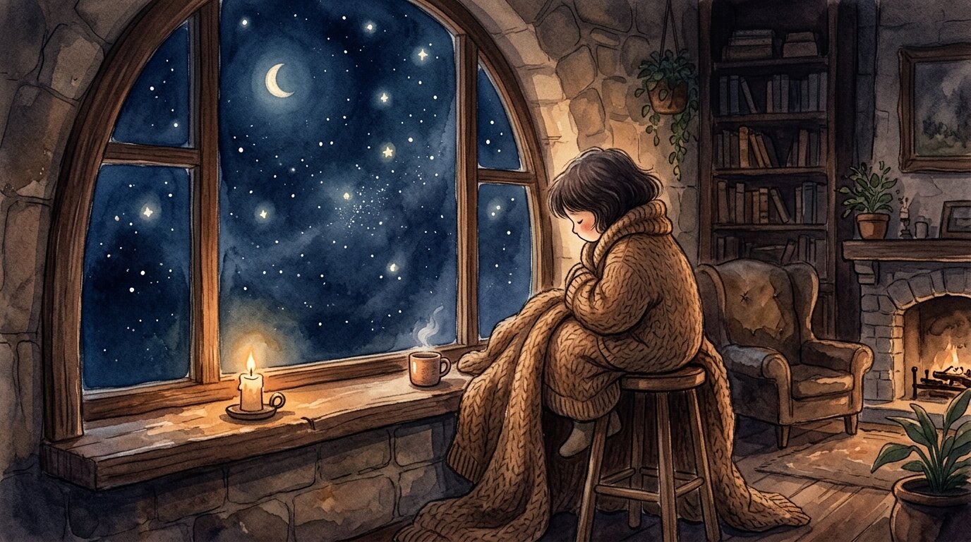 A small person wearing an oversized coat sits on a high stool, looking out of a monumental arched window at a starry night.