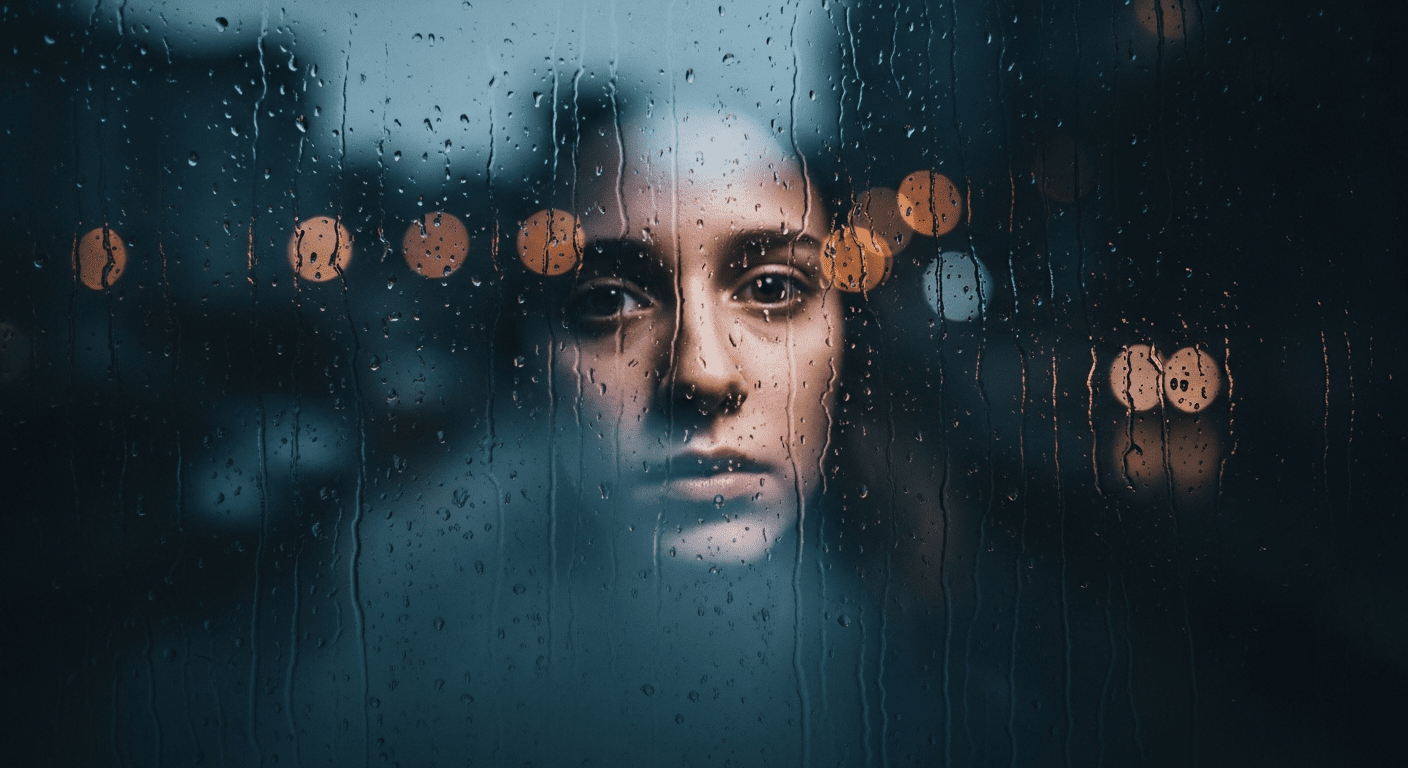 A person's melancholic and slightly distorted reflection in a window streaked with rain at night.