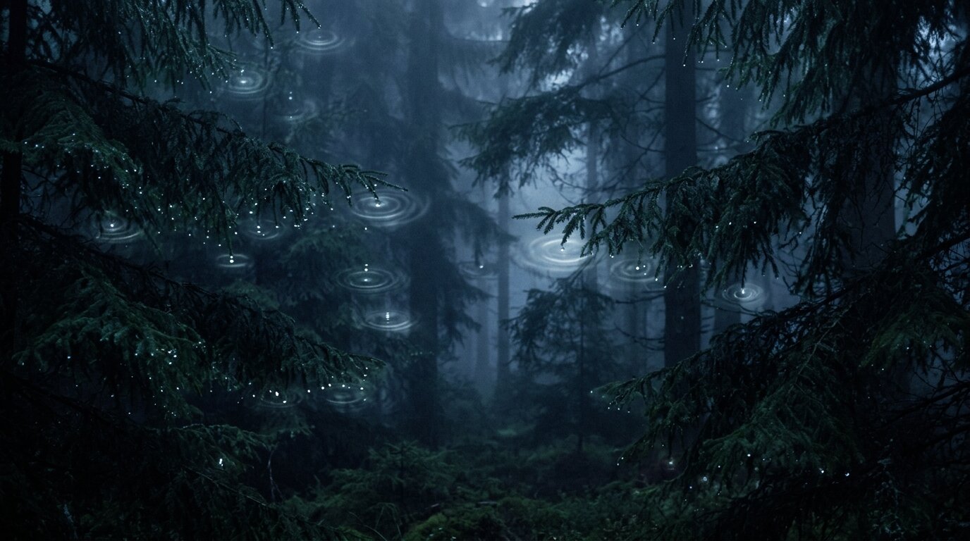 Suspended water droplets glisten in dark indigo fog between shadowy pine trees, creating delicate glowing rings in the damp air.