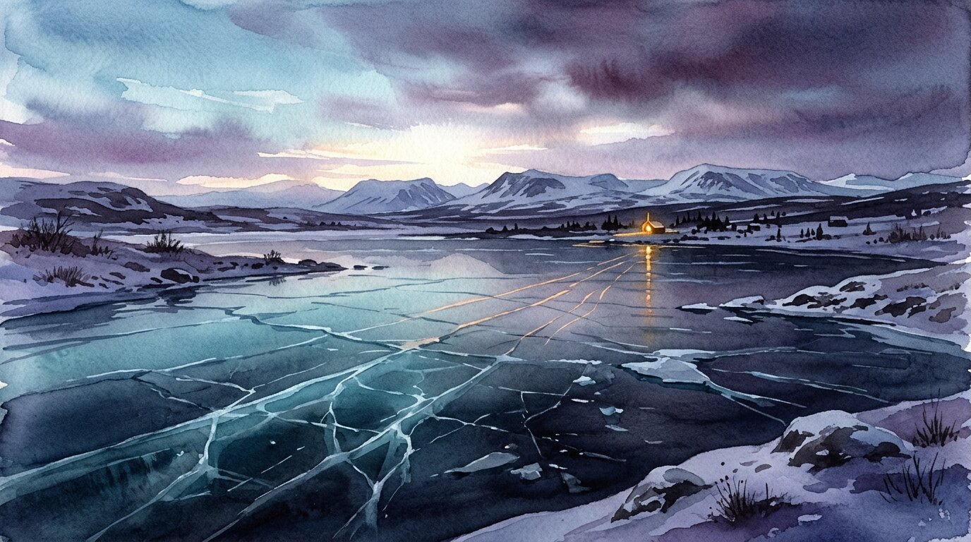 A frozen lake of translucent blue ice reflects a warm golden glow shimmering from a far shore under a twilight sky.