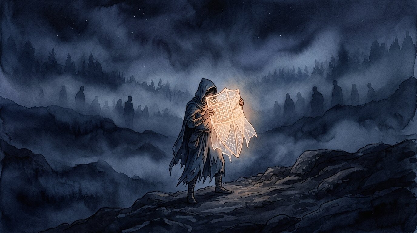 A person holds a thin, glowing paper screen against a dark background while dim silhouette figures linger softly in the mist.