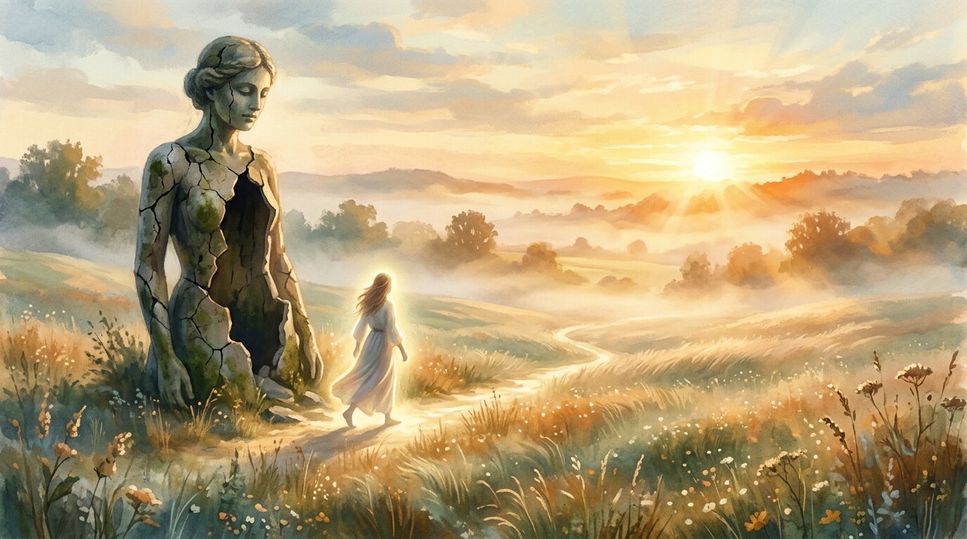A person steps forward away from a hollow ceramic shell, entering a wide meadow illuminated by soft golden dawn light.