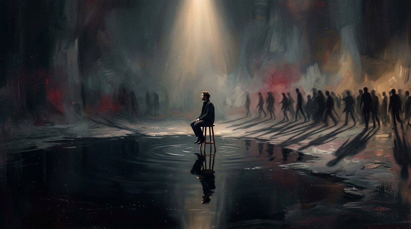 A solitary person sits illuminated on a dark reflective surface as long, dramatic shadows stretch across the misty space around them.