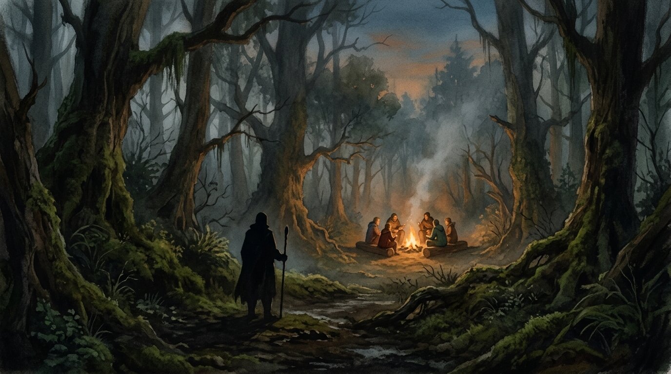 A distant silhouette stands at the edge of a twilight forest, watching a small group gathered around a warm, glowing campfire.