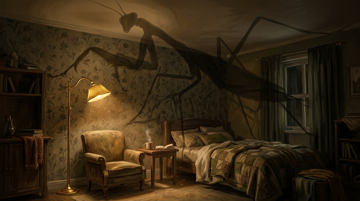 A dimly lit room illuminated by a single warm lamp, where giant delicate shadows of an insect stretch across patterned wallpaper.