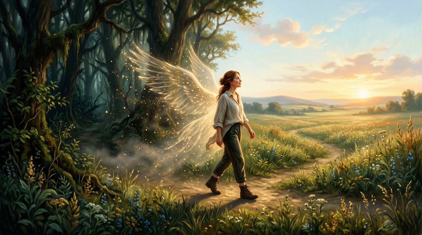 A person steps out from a dark forest into a sun-drenched field, where dark insect-like shadows behind them dissolve into bright morning light.
