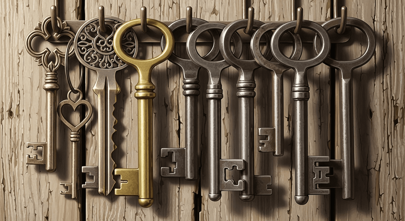 A variety of antique, ornate keys hanging from a hook on a weathered wooden wall, symbolizing different ways to unlock potential.