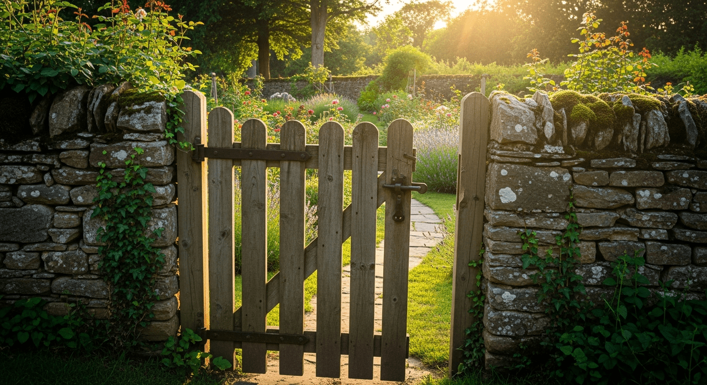 A weathered wooden gate stands ajar in a stone wall, revealing a lush, sun-drenched green garden beyond it.