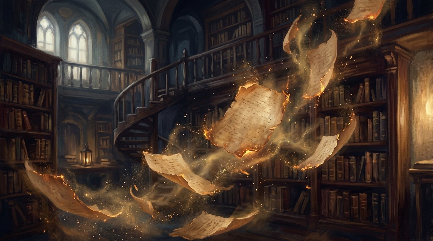 Aged paper scrolls float through a darkened library, their fragile edges dissolving into warm golden embers and quiet mist.