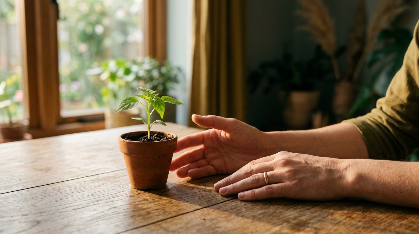 Gentle hands rest on a warm wooden table alongside a tiny green plant bathed in soft morning sunlight.