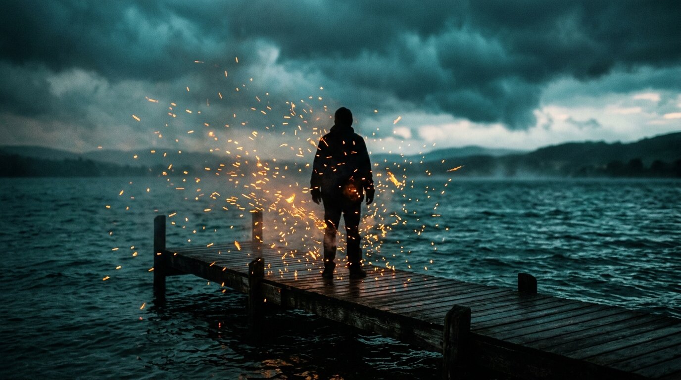 A solitary figure stands on a wooden dock surrounded by a dense mist of flickering golden sparks under a stormy teal sky.