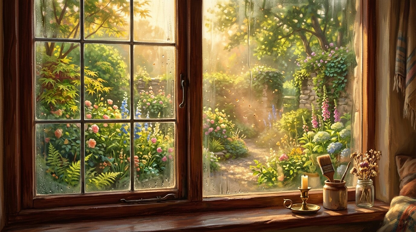 Raindrops and light rest on a clear windowpane as a luminous golden haze drifts through a sunlit garden just outside.