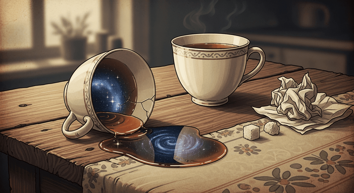 A vintage-style, gently surreal illustration of a kitchen table where two ceramic teacups sit. One teacup is slightly tipped over, spilling a small pool of tea that reflects a starry night sky, capturing the bittersweet absurdity of mundane arguments mixing with the deep mystery of loss.