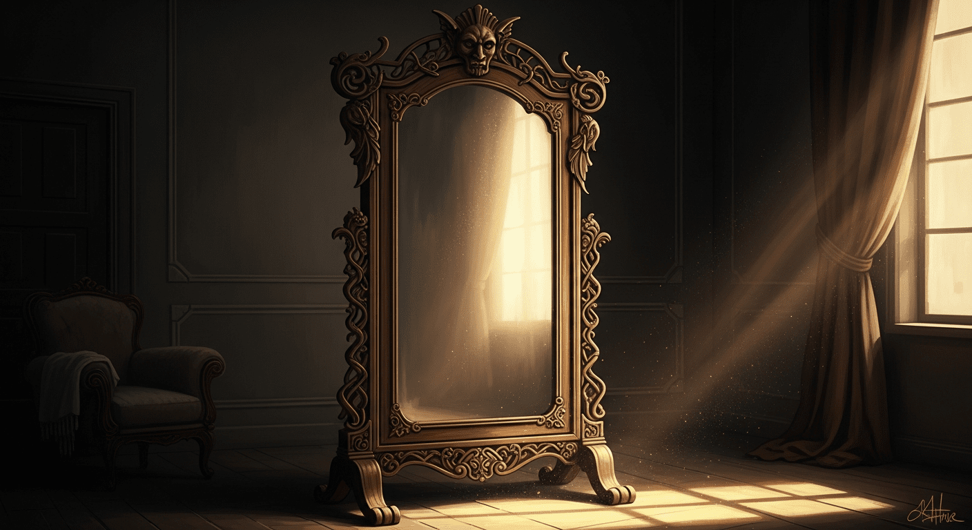 A soft, surreal illustration of an antique, ornate mirror standing in a dimly lit room. The reflection in the mirror is slightly blurred and obscured by a warm, glowing light, symbolizing the idea of the deceased acting as a mirror for our own inner thoughts and self-doubt.