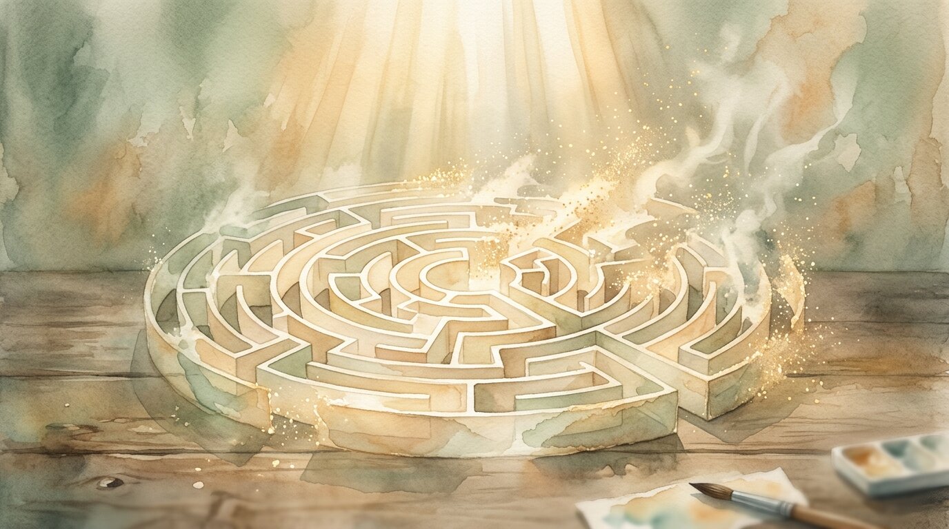 A delicate translucent labyrinth resting on a wooden surface softly dissolves into floating golden dust under warm light.