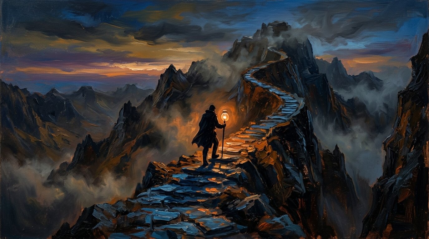 A distant silhouette walks up a winding stone mountain path at dusk, carrying a glowing glass orb through swirling mist.