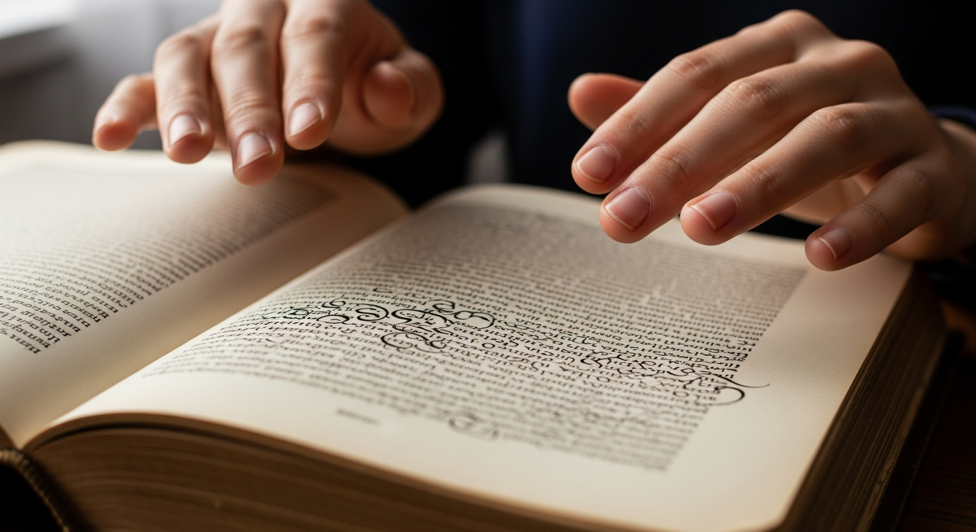 A person's hands hover over an old book with elegant, unreadable script resembling natural patterns.