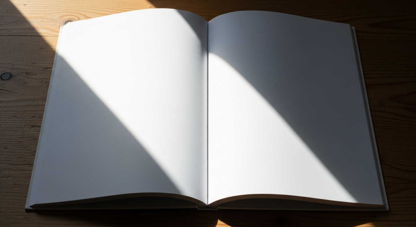 An open book with completely blank white pages lies on a wooden table, illuminated by a single sunbeam.
