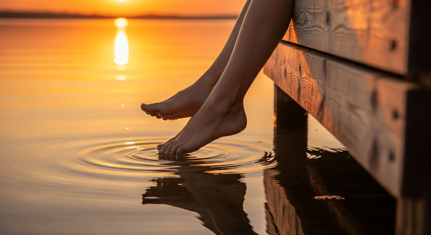 A person's bare feet are dangling in the still, clear water of a lake from a wooden dock. The setting sun casts a warm, golden glow across the scene, creating a sense of deep peace and timelessness.