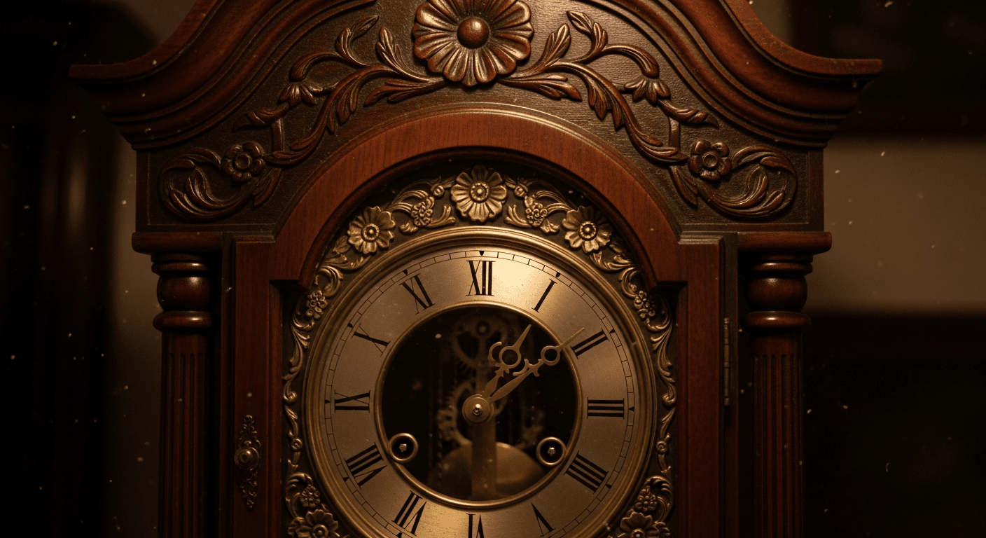 A close-up, soft-focus shot of an antique grandfather clock. The lighting is low and warm, highlighting dust motes in the air and focusing on the intricate woodwork and the empty space on the clock face where the hands should be.