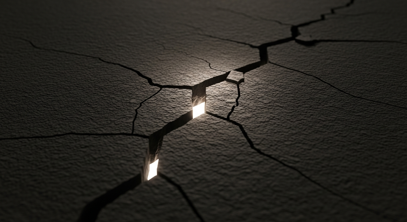 A deep crack splits a dark, textured surface, with a soft light glowing from within the fracture.