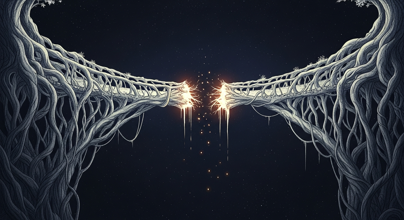 A fantastical bridge made of glowing, intertwined tree roots arches over a starry void, with one root fraying and dropping embers.