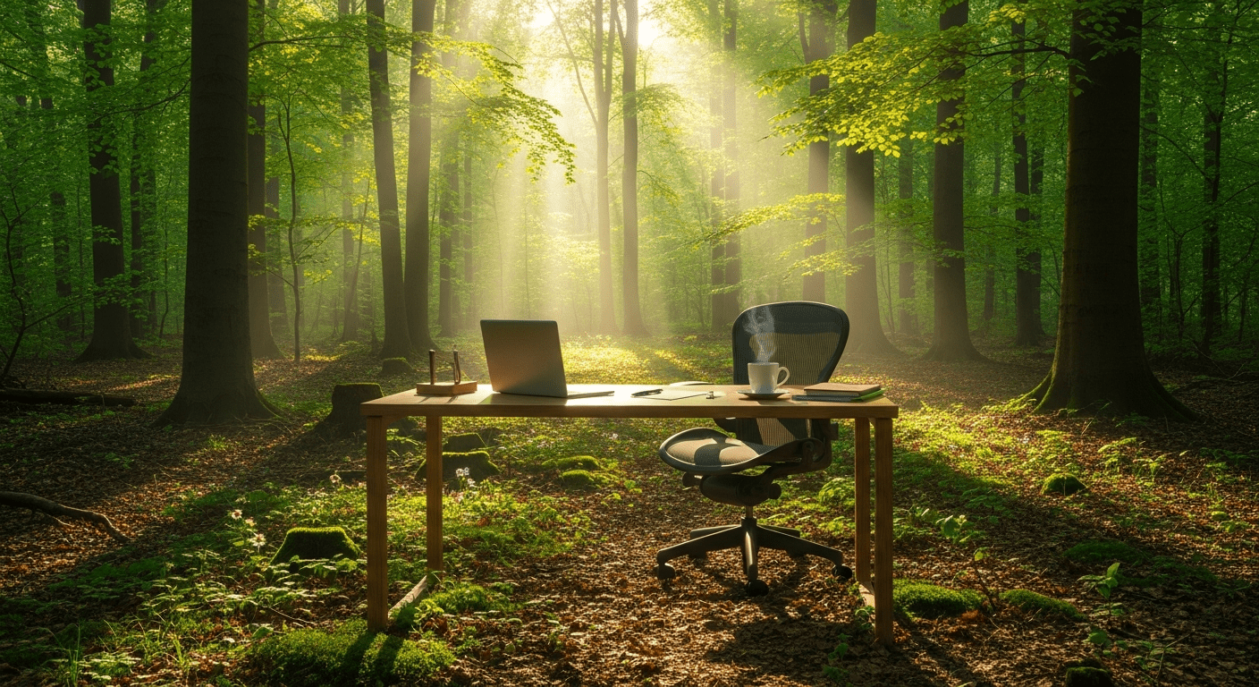 A surreal and calming image of an ordinary office desk, chair, and coffee mug sitting peacefully in a beautiful sunlit forest clearing, as the walls of a stressful building vanish to reveal a serene natural world