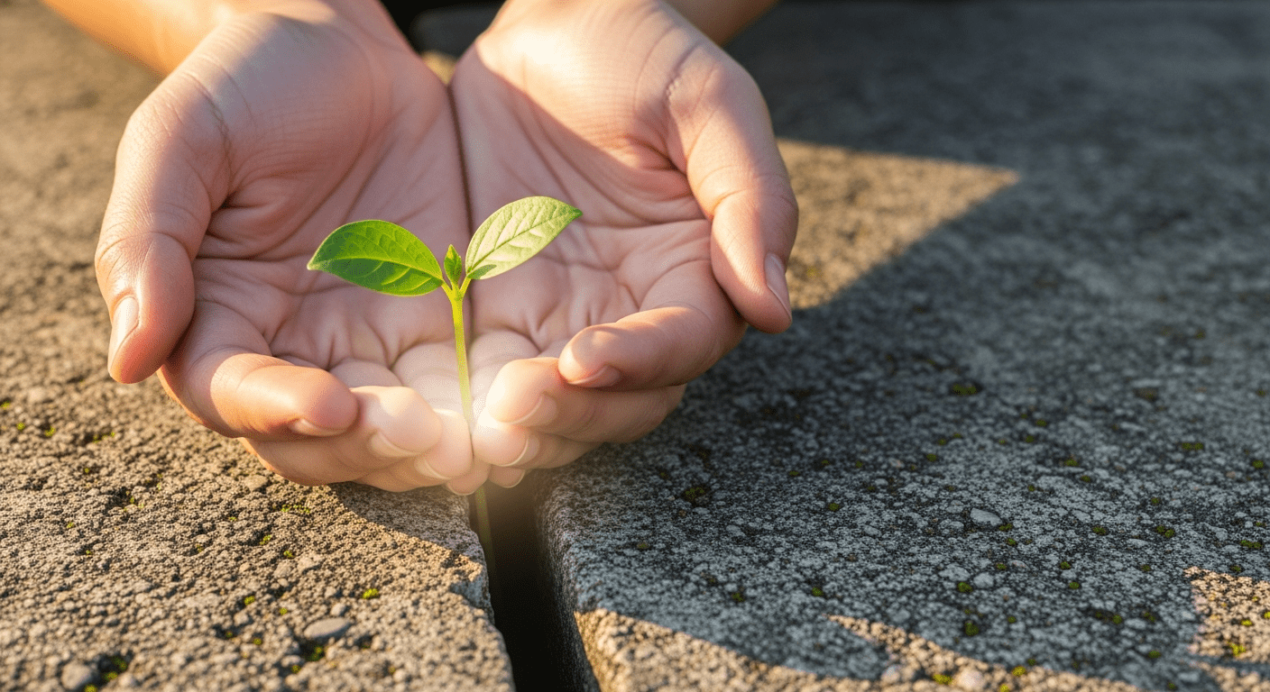 Close-up of two hands gently cupping a small luminous green plant sprouting directly out of a deep crack in weathered grey concrete, lit by warm golden-hour lighting