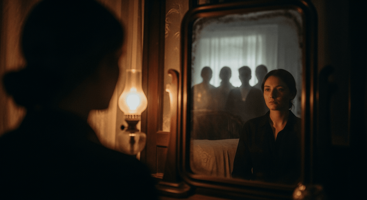 A moody, soft-focus photograph of a person looking into a vintage mirror, with faint, blurred silhouettes of people standing behind them in warm, dim lamplight