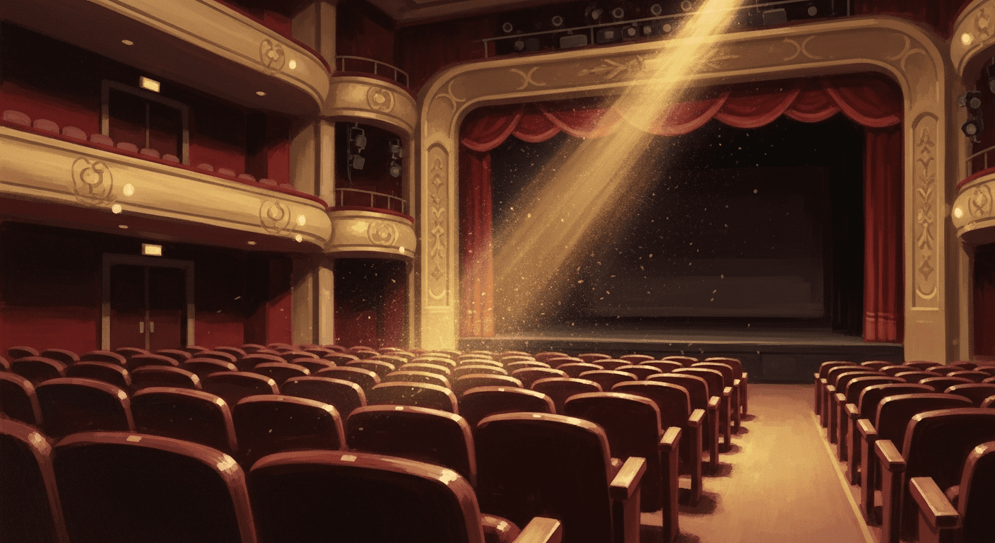 A comforting, painterly image of an empty theater auditorium illuminated by a single, warm beam of golden sunlight cutting through the dust