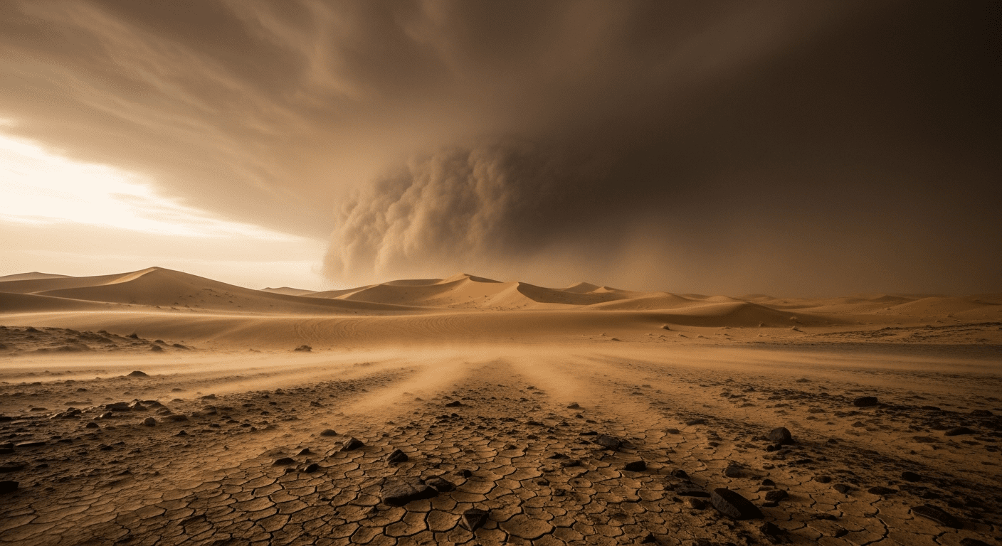 A dramatic but awe-inspiring swirling sandstorm beginning to form on the horizon of a barren desert. The sky is a heavy, muted amber, and the wind is visibly whipping the sand into the air, capturing the feeling of overwhelming natural power and sudden chaos.